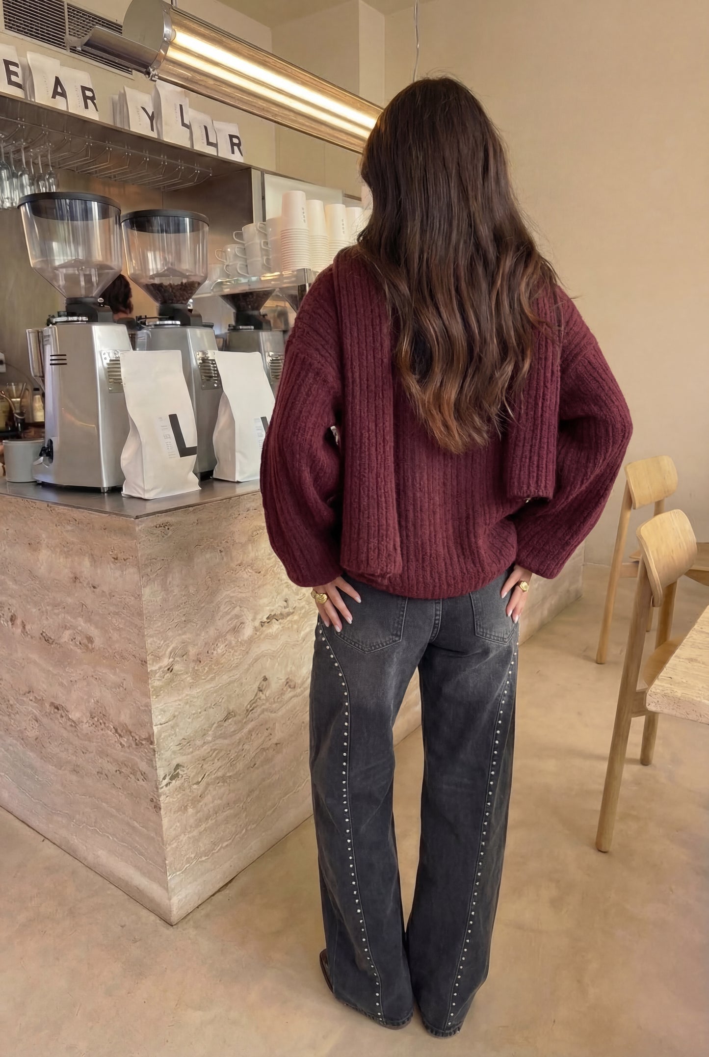 Wide Leg Grey Denim Jeans Studded Details