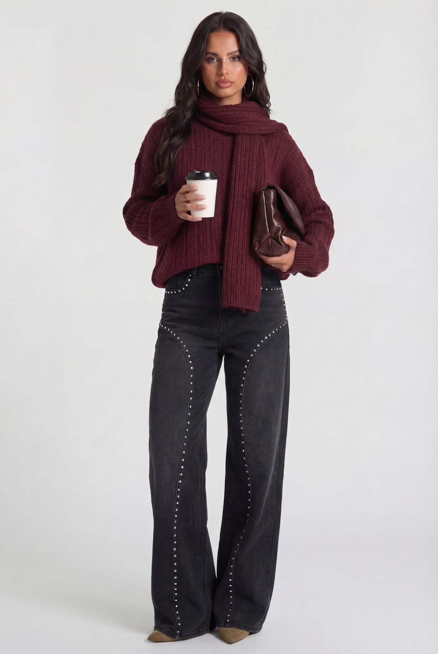 Wide Leg Grey Denim Jeans Studded Details