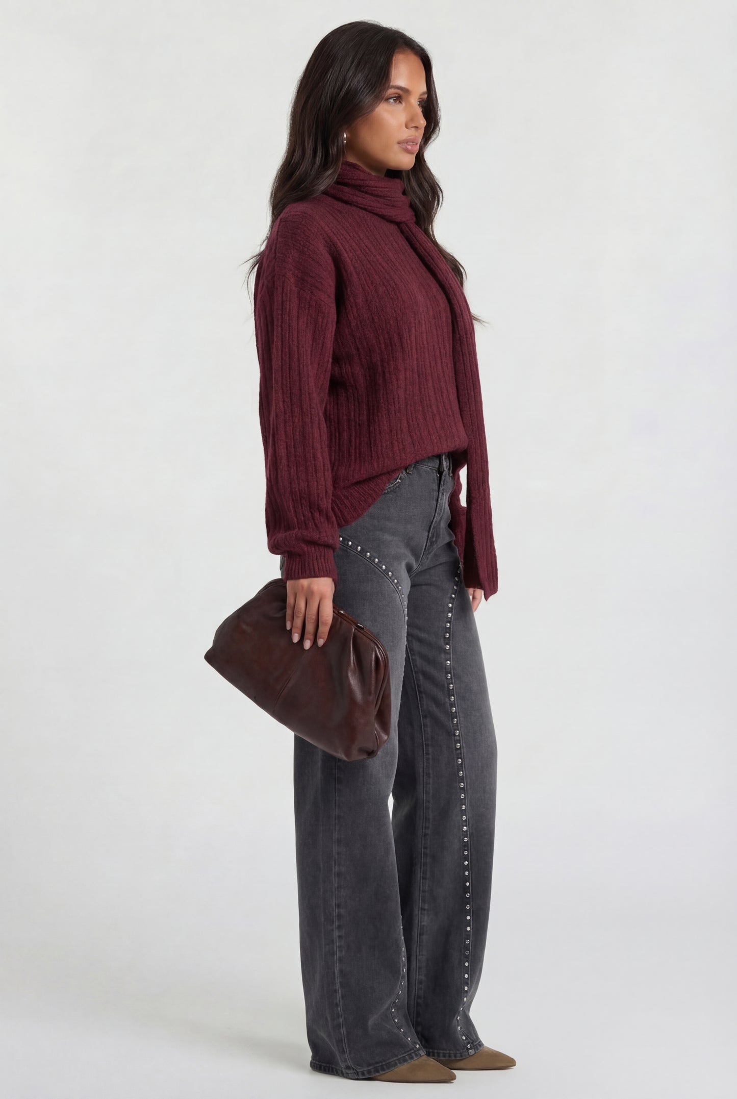 Wide Leg Grey Denim Jeans Studded Details