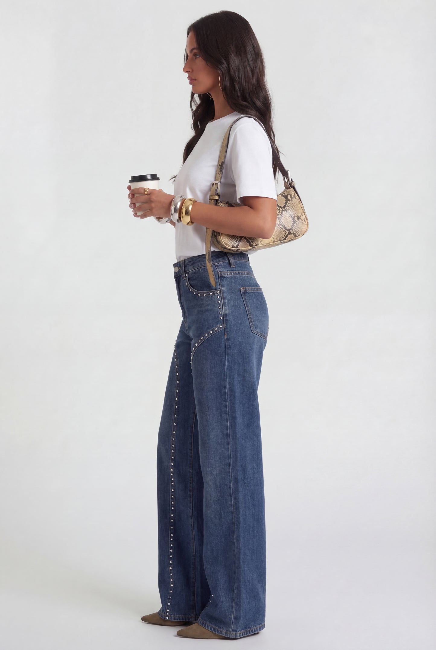 Wide Leg Denim Jeans Studded Details