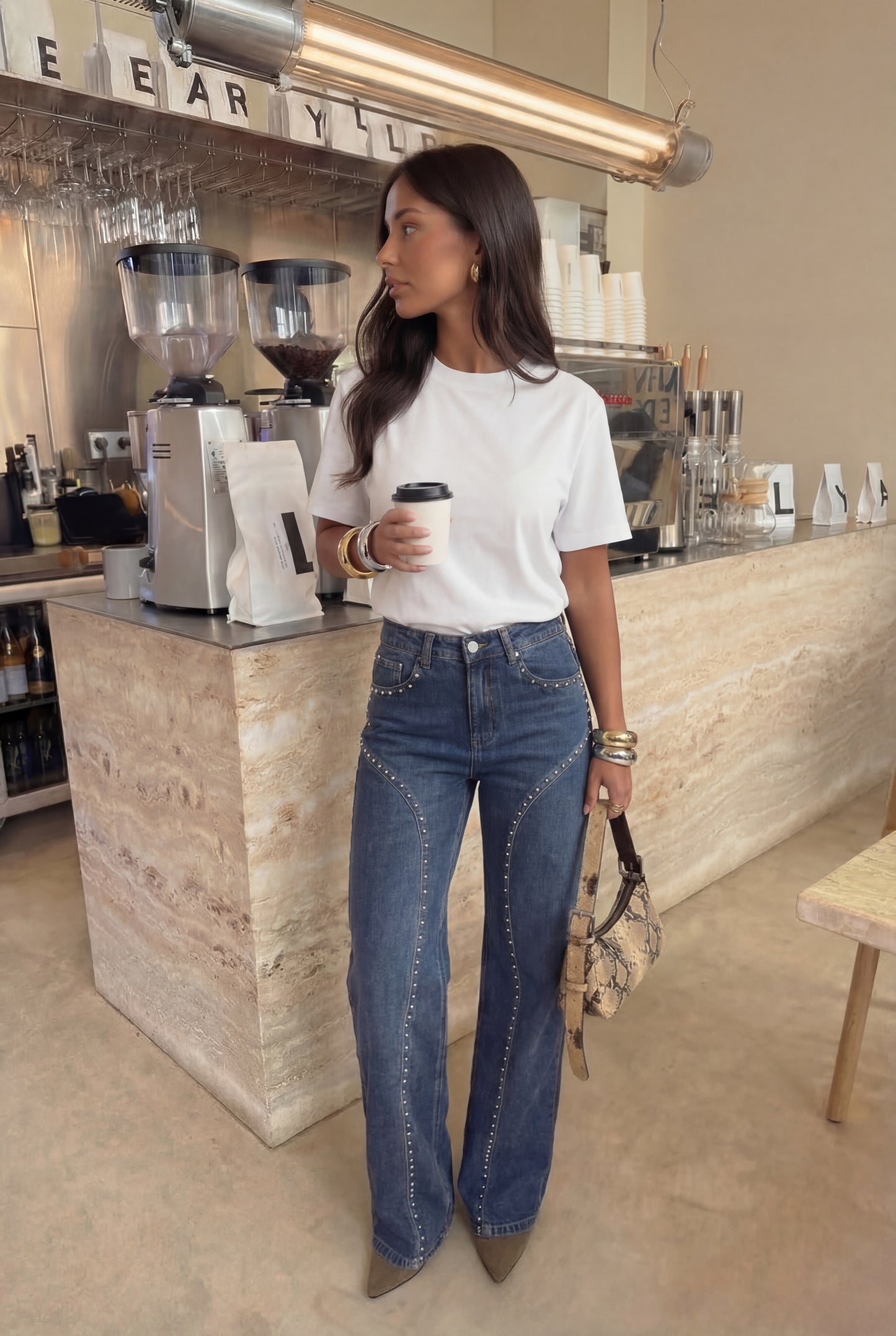 Wide Leg Denim Jeans Studded Details